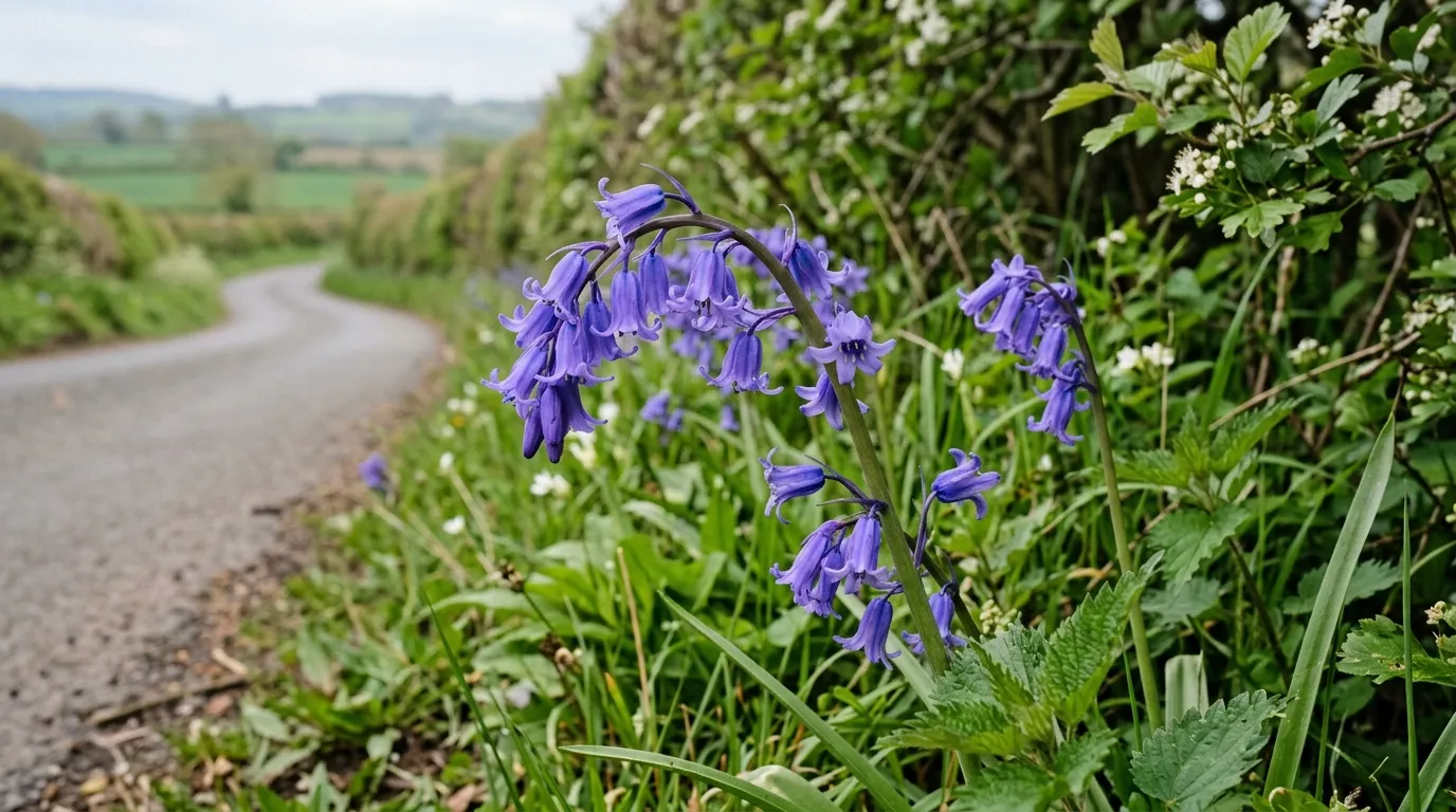 A hybrid bluebell Hyacinthoides x massartiana with intermediate features growing at the edge of a hedgerow in Staffordshire