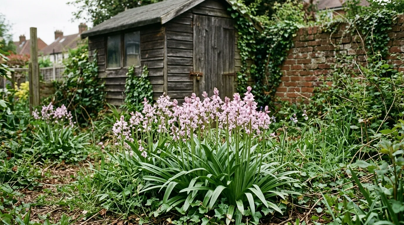 A pale pink-tinged invasive Spanish bluebell clump in an unkempt corner of a UK suburban garden with brick wall and old shed in background