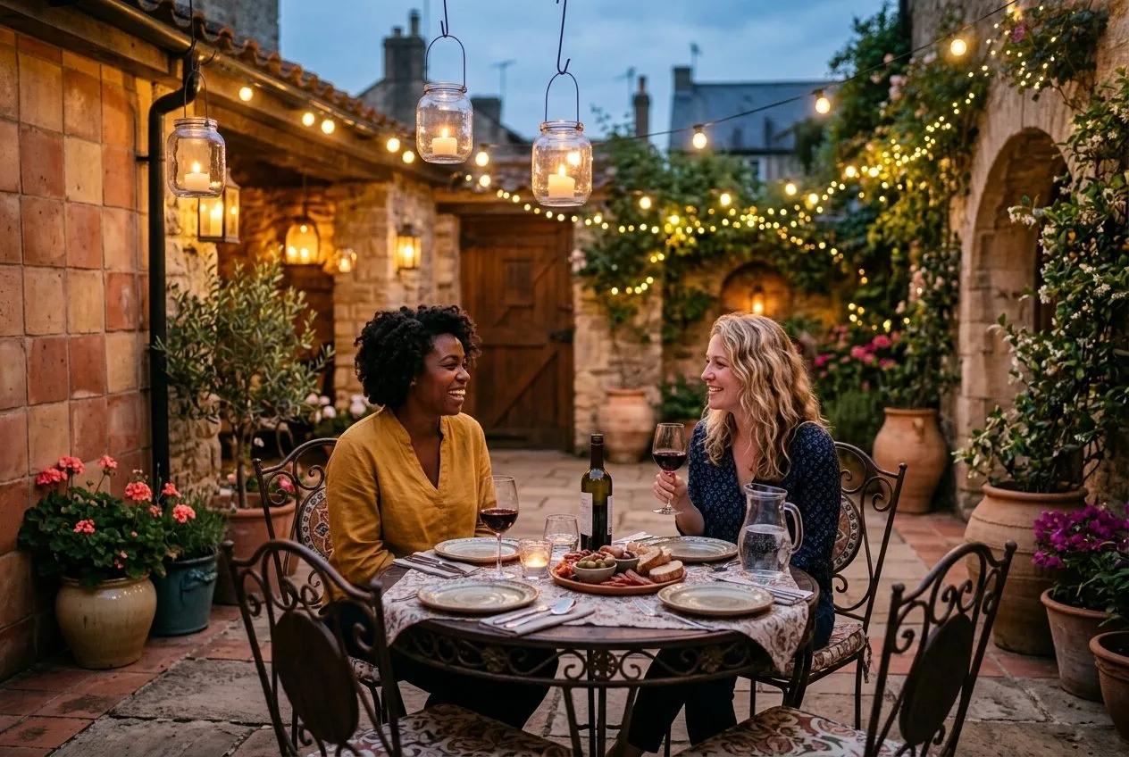 A UK Spanish-style courtyard at dusk lit by lanterns and festoon lights, terracotta pots and a wrought-iron table set for an evening meal