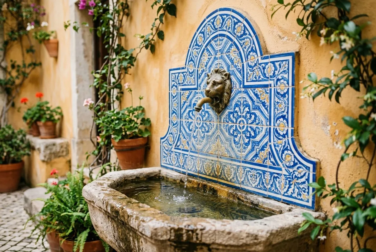 A small tiled wall fountain in blue and white azulejo tiles trickling water into a stone basin against a warm ochre courtyard wall