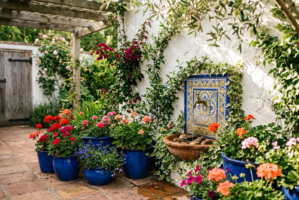A Spanish-style courtyard garden in the UK with whitewashed walls, terracotta floor tiles, cobalt blue glazed pots and a small wall fountain