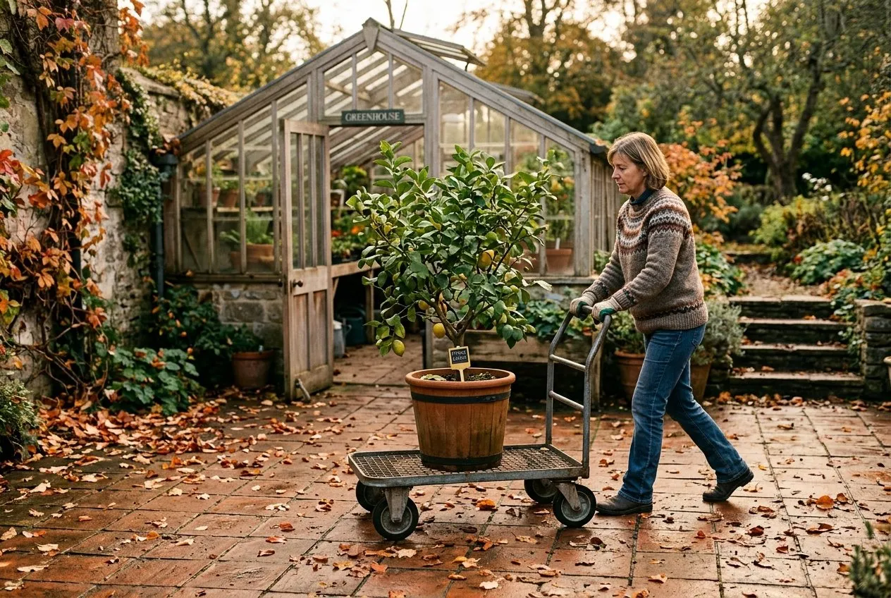 A potted lemon tree being wheeled on a pot trolley from a UK courtyard towards a greenhouse to overwinter before the first frost