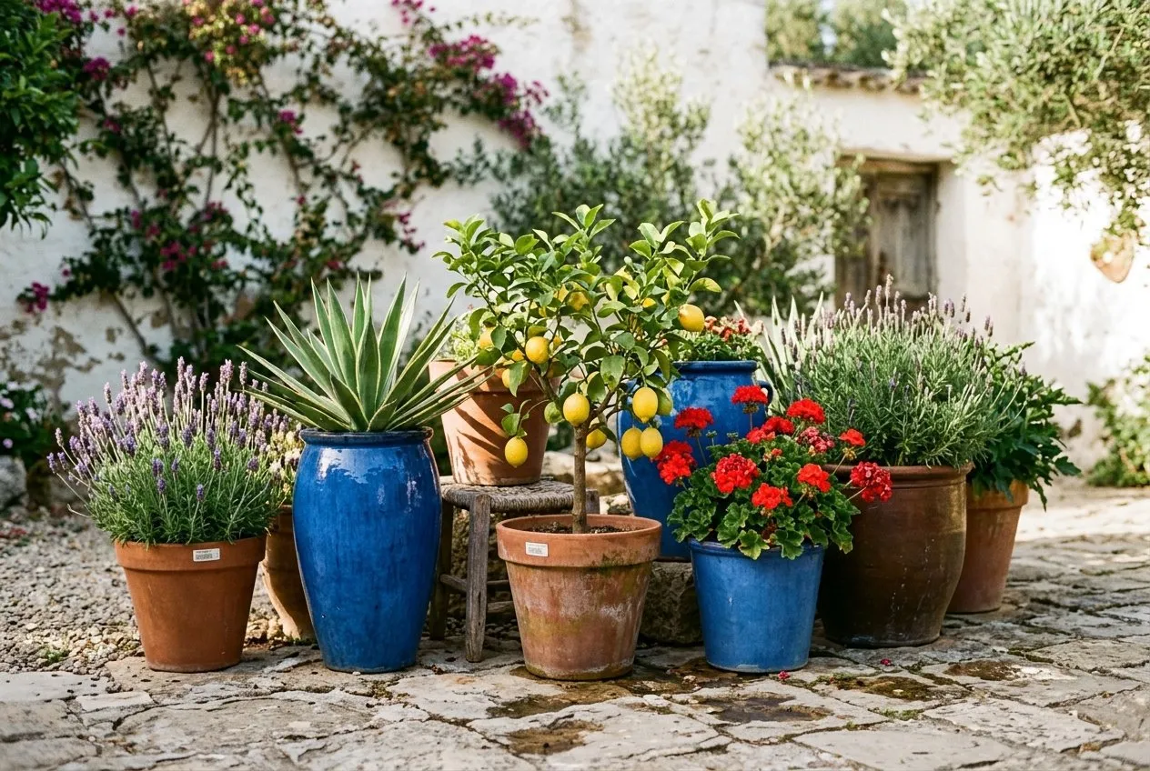 Grouped terracotta and cobalt glazed pots of lavender, pelargoniums, agave and a potted lemon tree against a whitewashed courtyard wall