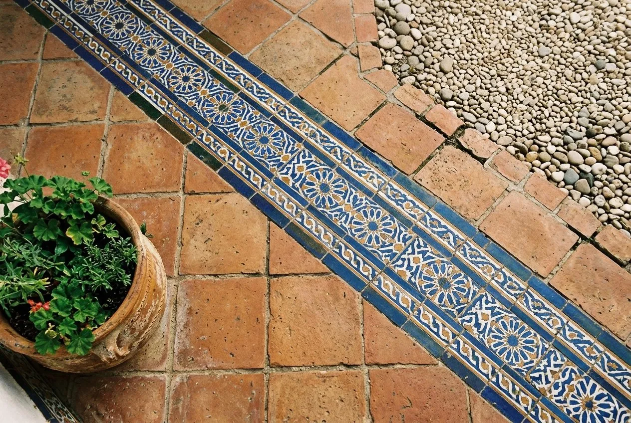 A courtyard floor of warm terracotta tiles inset with a band of patterned blue, white and yellow Moorish ceramic tiles, gravel and a potted plant alongside