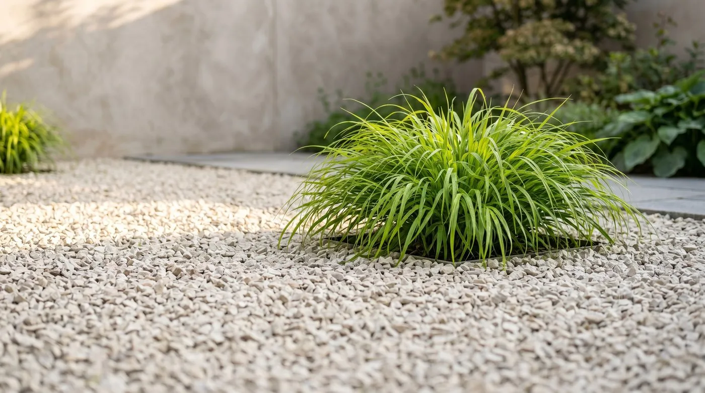 Pale 14mm gravel surface in a sparse London courtyard with a single clump of Hakonechloa macra catching morning light