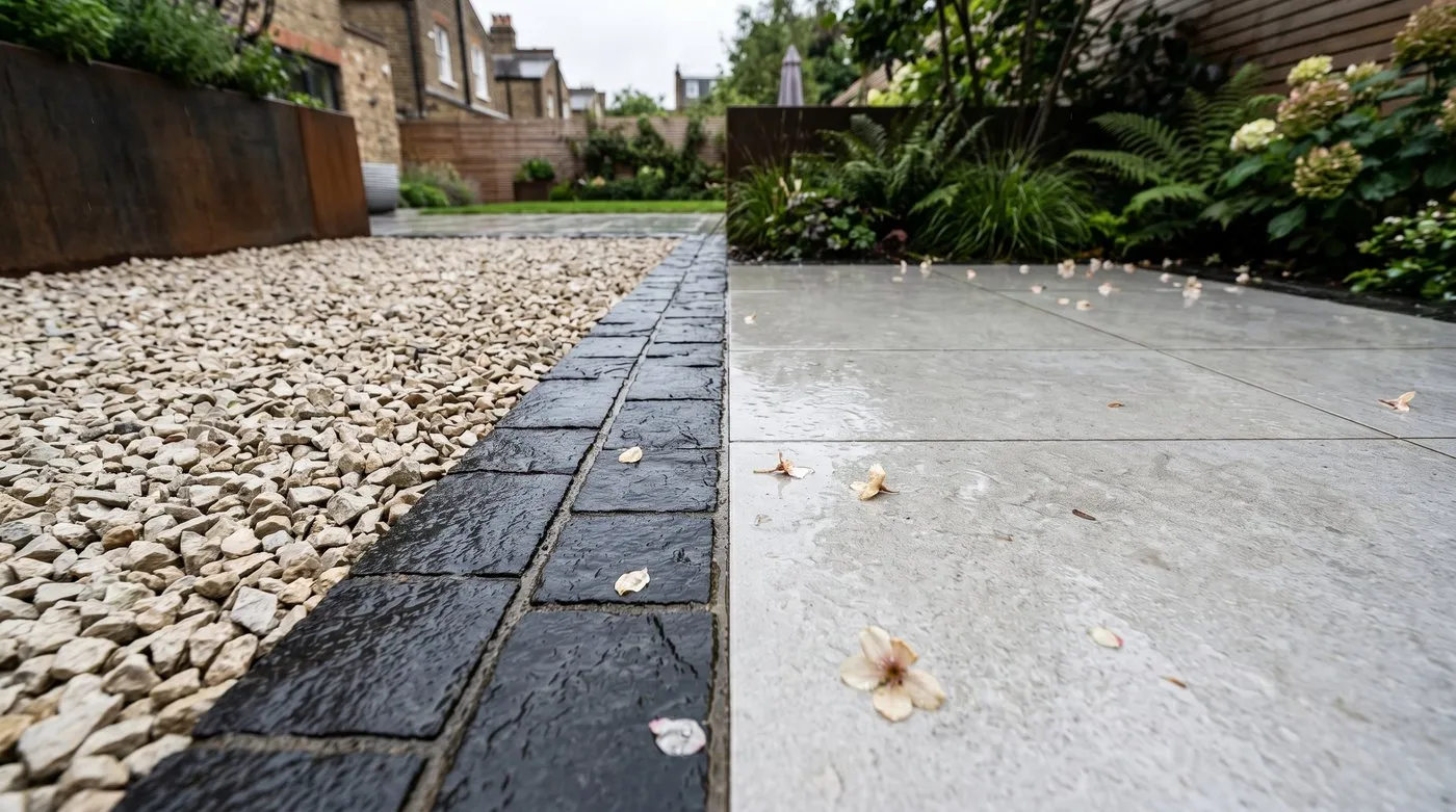 Crisp junction between pale gravel, black basalt sett edging and large porcelain paving slabs in a courtyard