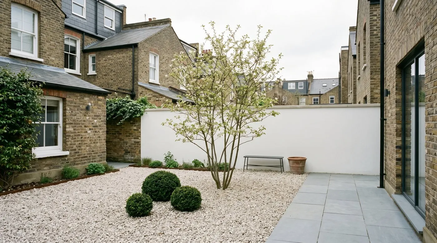Sparse modern London courtyard garden with a single multi-stem amelanchier, clipped evergreen domes and pale gravel
