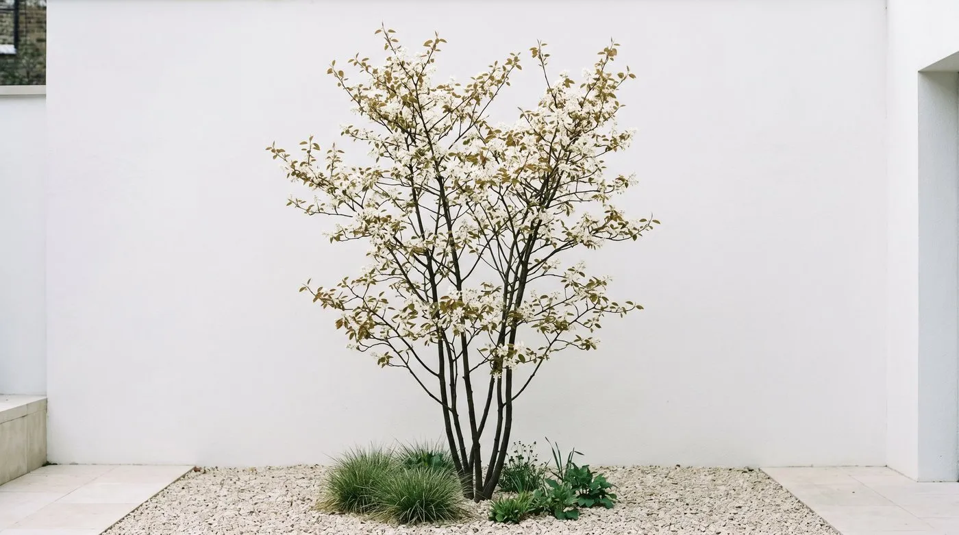 Multi-stem amelanchier in spring blossom against a rendered white wall in a modern courtyard garden