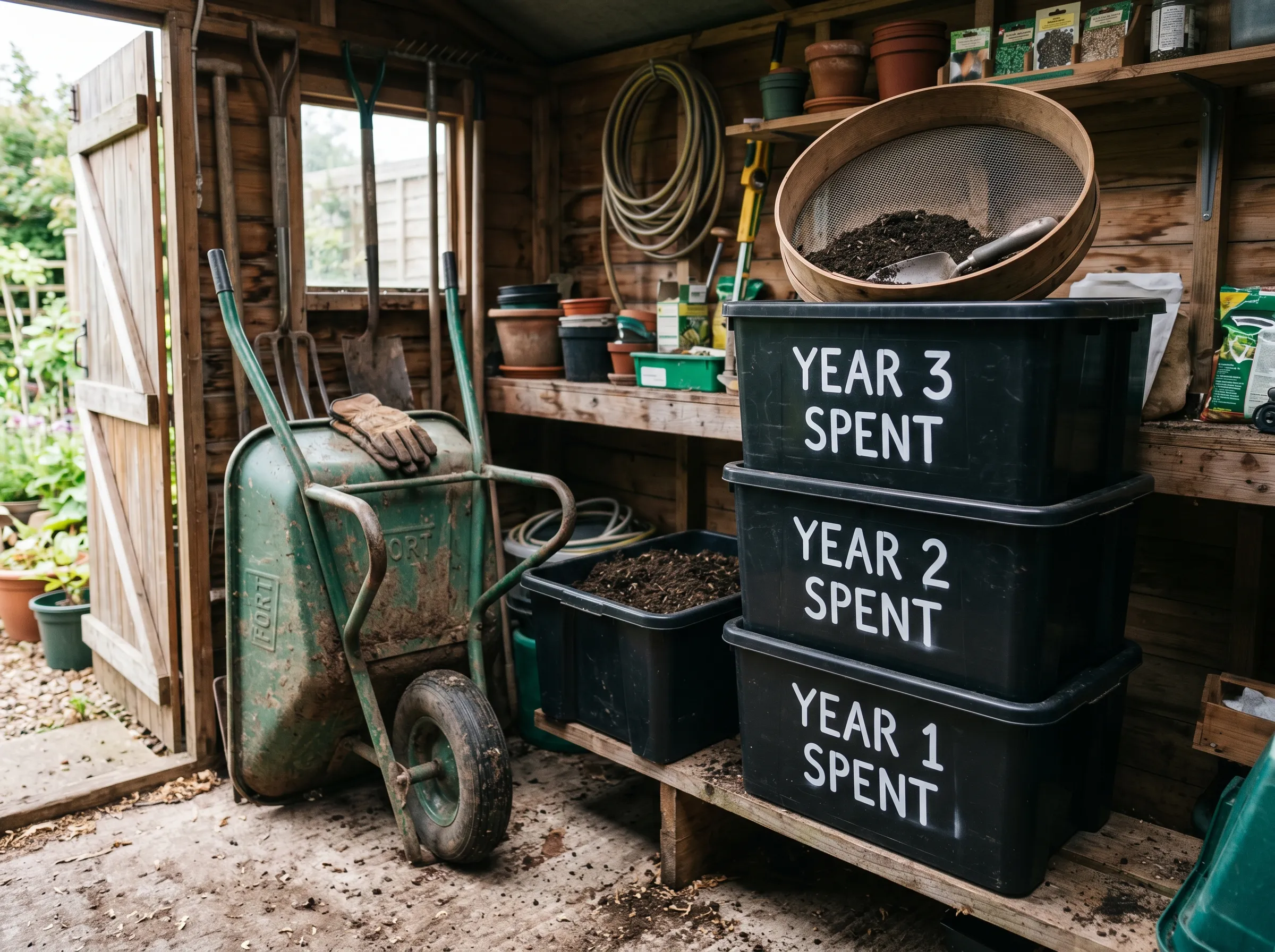 UK gardening shed showing a stacking storage system for spent compost - three labelled bins or large bags, each marked 'Year 1 spent', 'Year 2 spent', 'Year 3 spent', with a wheelbarrow nearby and a 10mm sieve on top of one bin