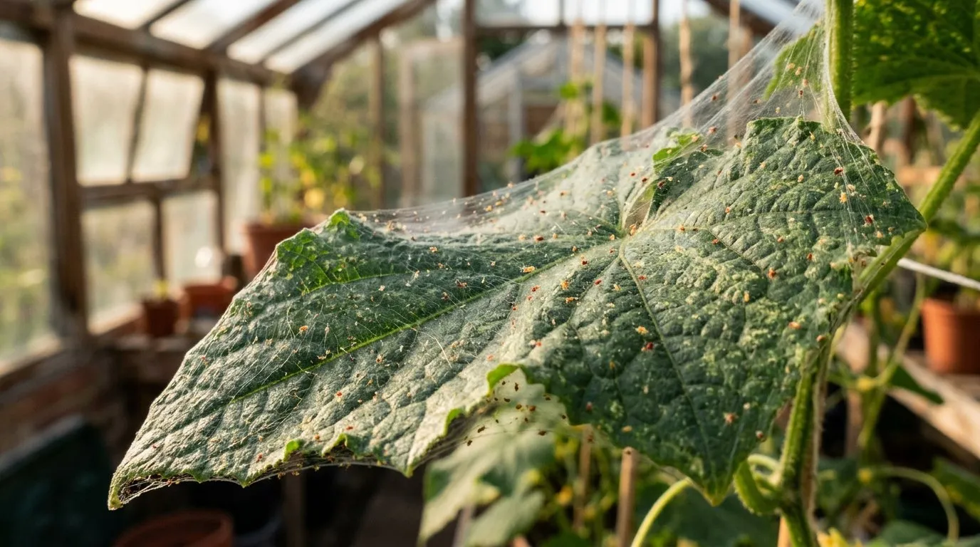 Fine silky webbing from spider mites covering tomato plant leaves inside a UK greenhouse