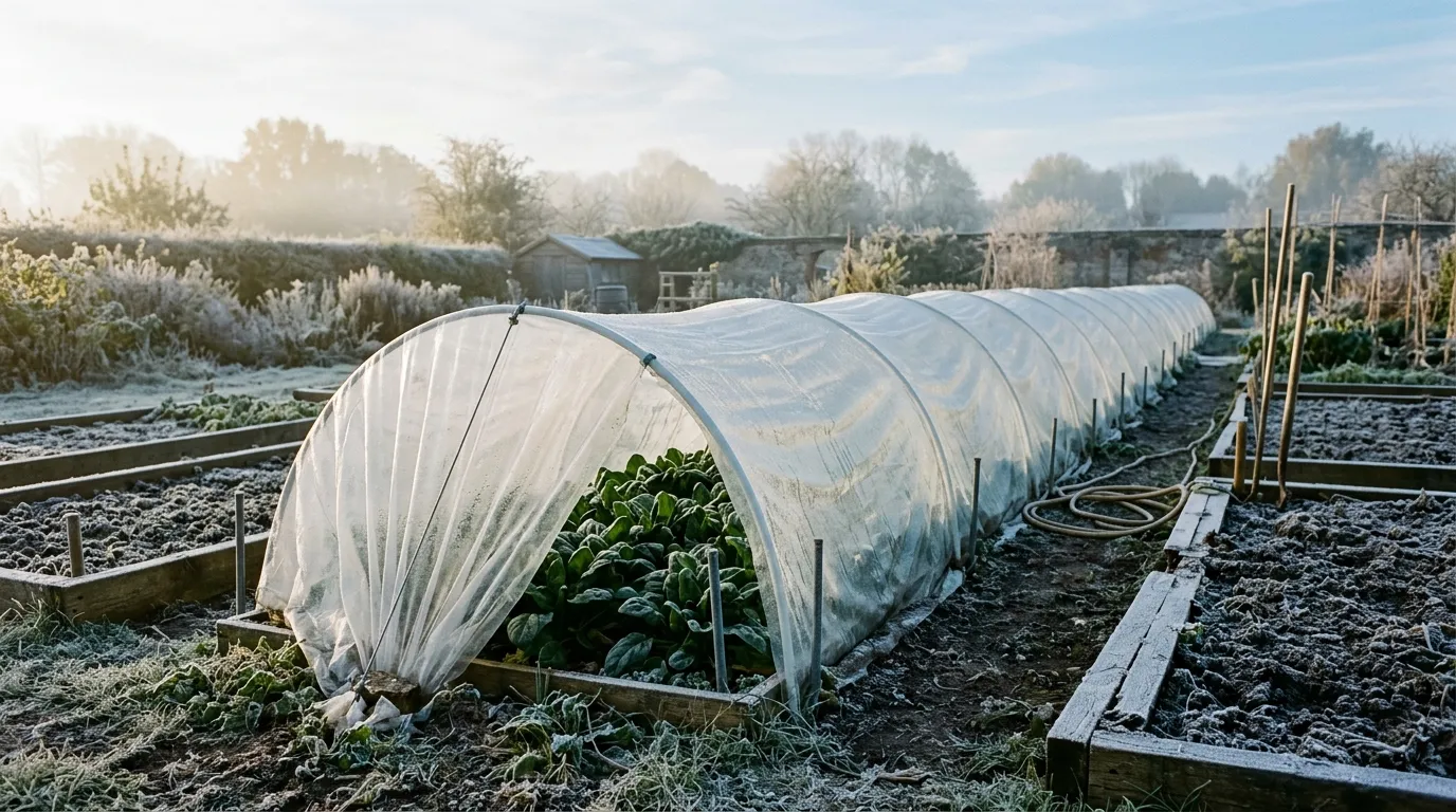 A cloche covering a row of hardy winter spinach with frost on the surrounding bed in October