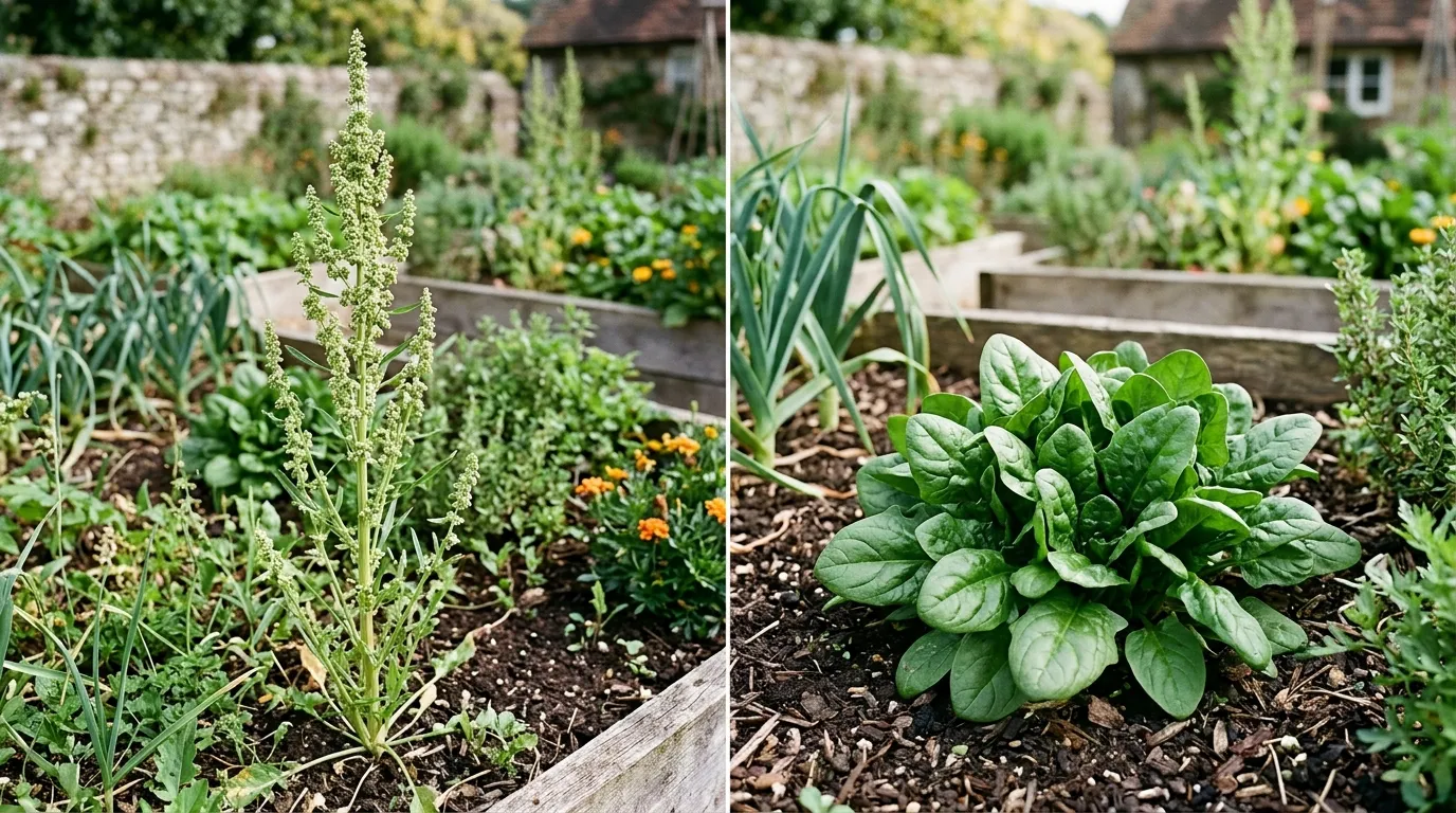Bolting spinach with a tall flower spike beside a healthy low spinach rosette for comparison