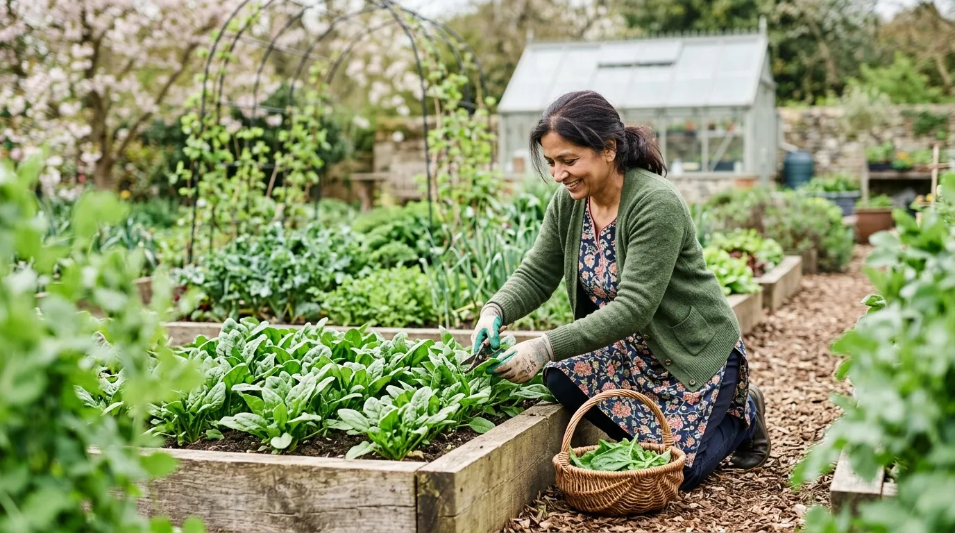 A single gardener cutting spinach leaves from a Kent kitchen garden raised bed in spring