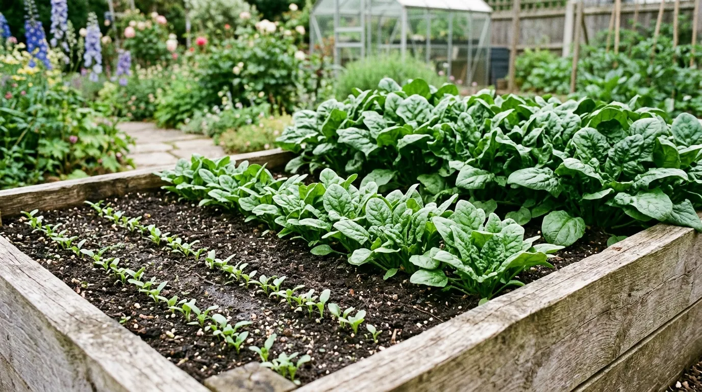 Three rows of spinach at seedling, half-grown and pickable stages in a Kent raised bed