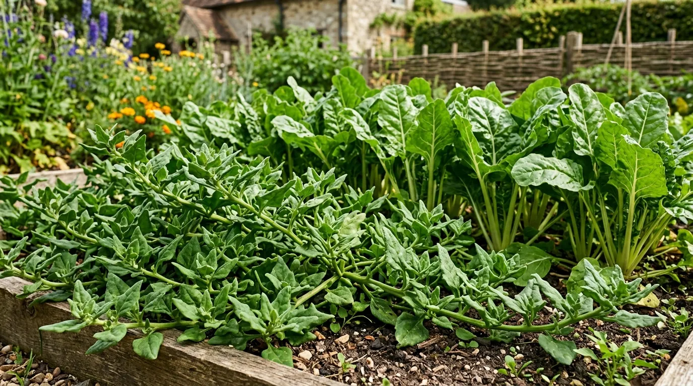 New Zealand spinach with fleshy triangular leaves next to broad perpetual spinach leaves in a summer bed