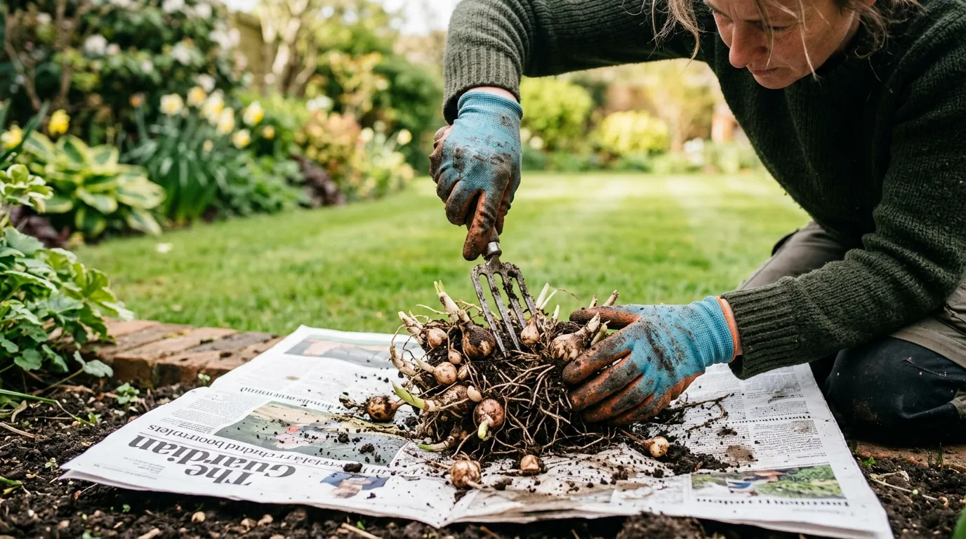 Gardener dividing a congested daffodil clump showing multiple offsets around the parent bulb