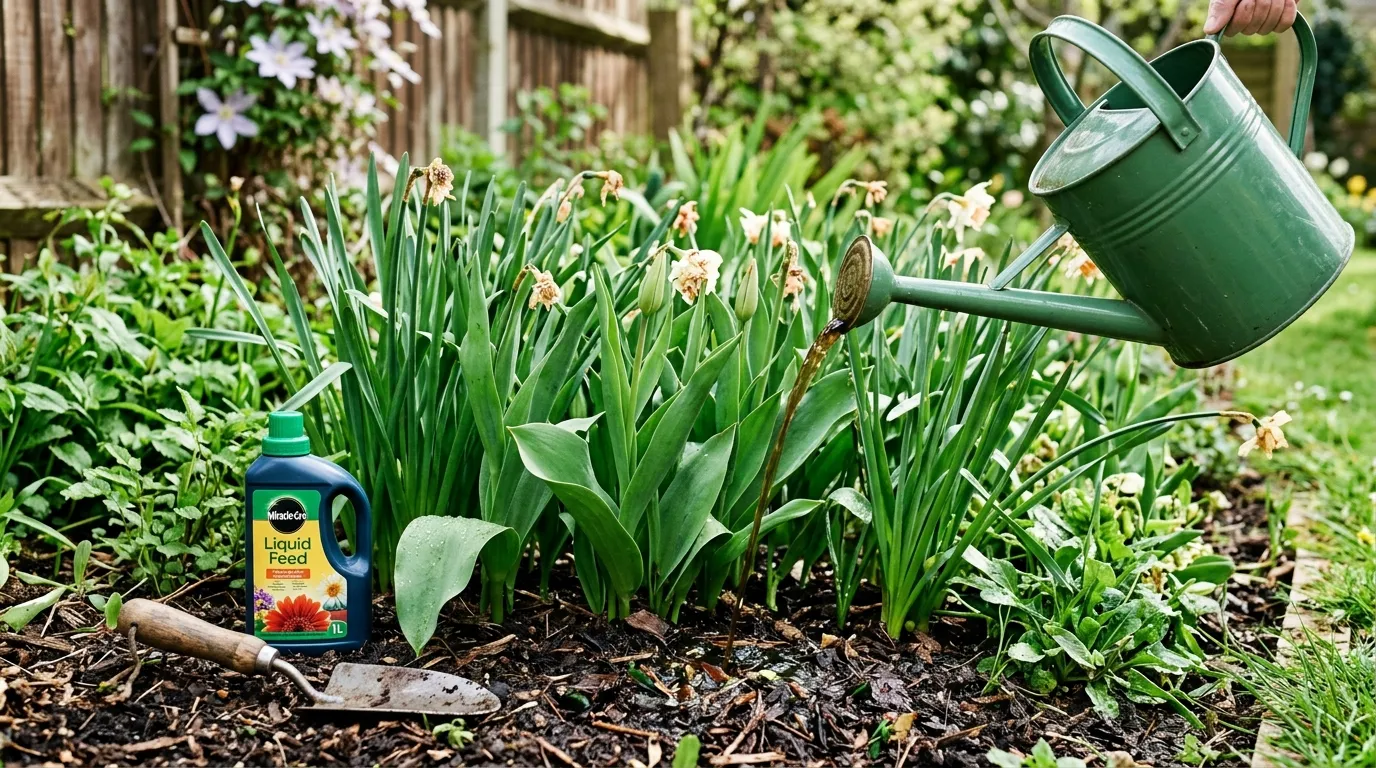 Watering can applying liquid tomato feed around spring bulb foliage in a UK cottage garden