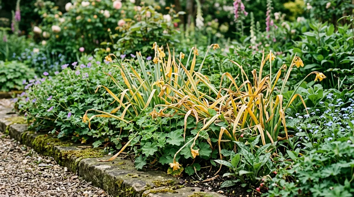 Spring bulb foliage dying back naturally among perennials in a UK garden border