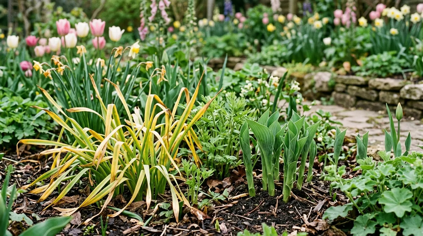 Spring bulb care after flowering showing daffodil foliage dying back naturally in a UK garden border