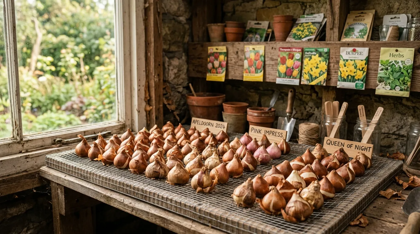 Tulip bulbs drying on a mesh tray in a garden shed ready for summer storage