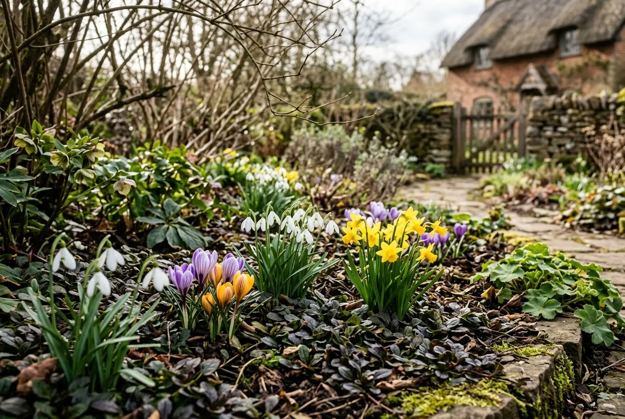 Spring bulbs providing year-round interest with snowdrops, crocus, and daffodils emerging through ground cover in a UK cottage garden border