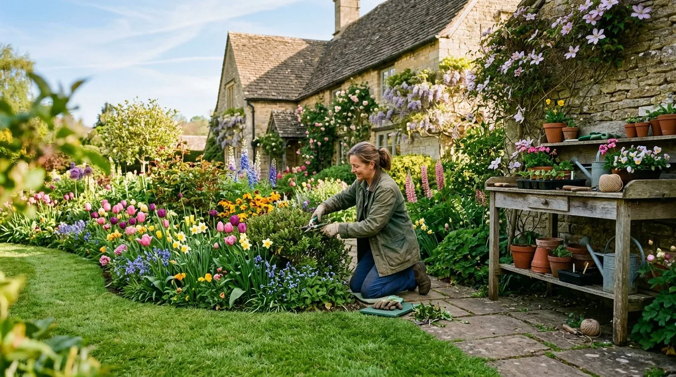 Gardener working in a sunny spring UK garden with borders, lawn, and potting bench