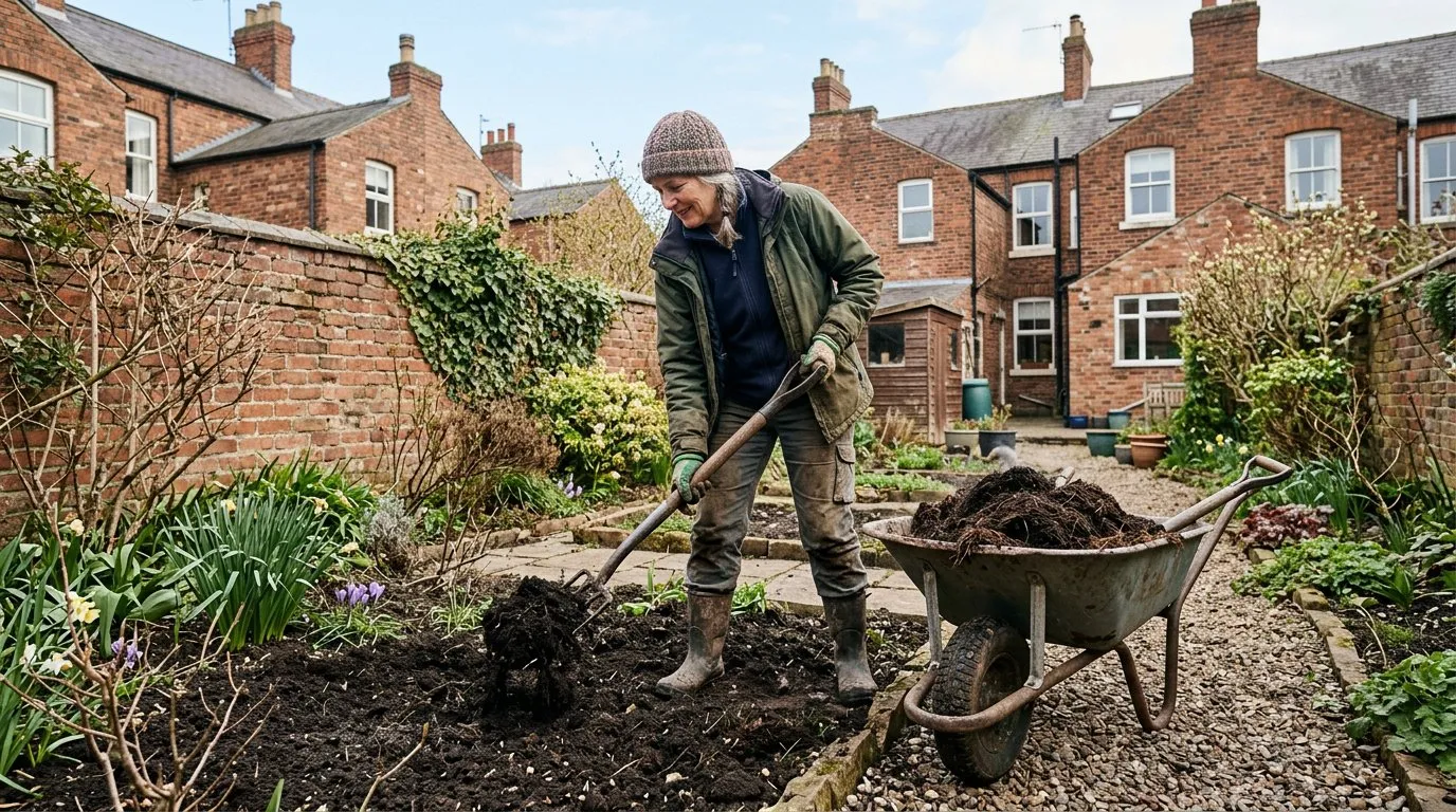 Gardener forking compost into a flower border in early spring