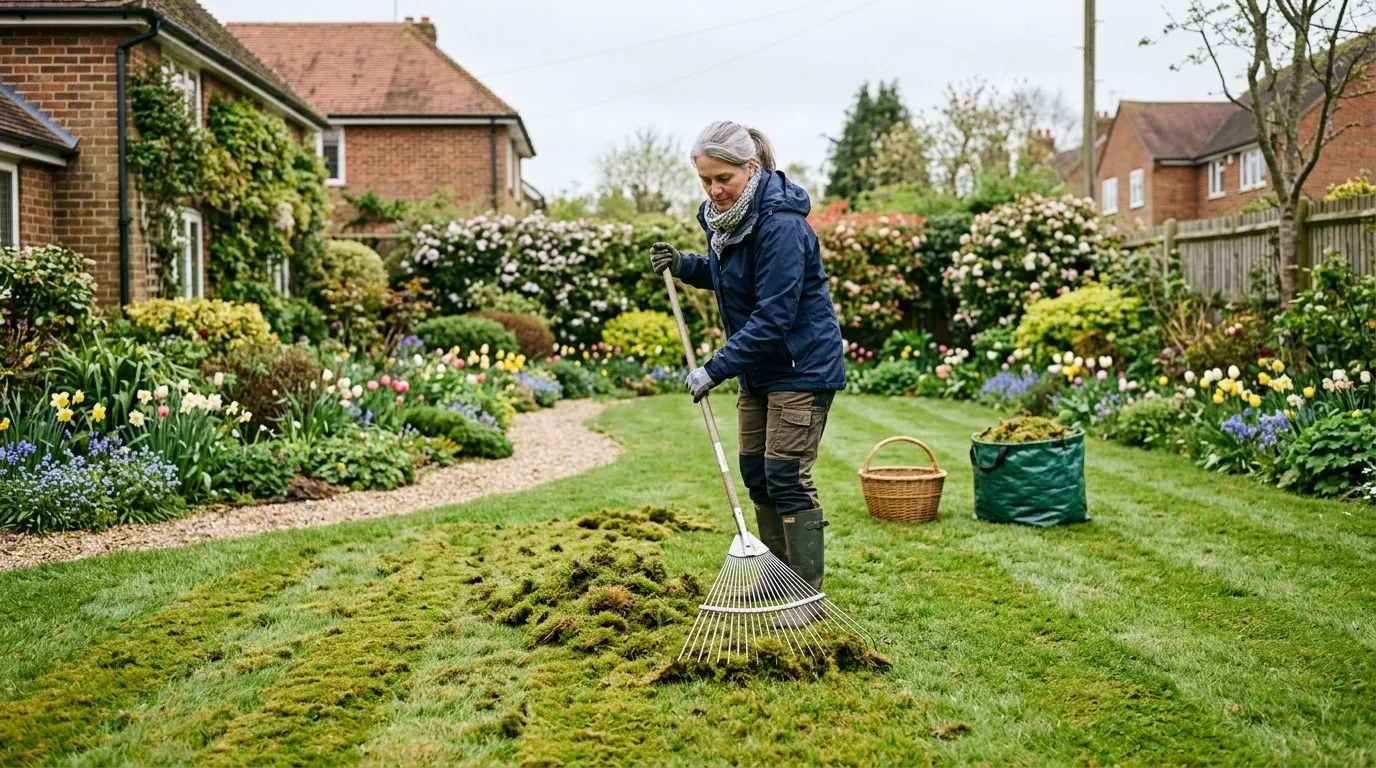 Gardener raking moss from a lawn with a spring-tine rake in a UK garden