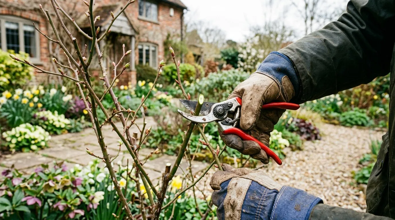 Hands using secateurs to prune a rose bush in early spring