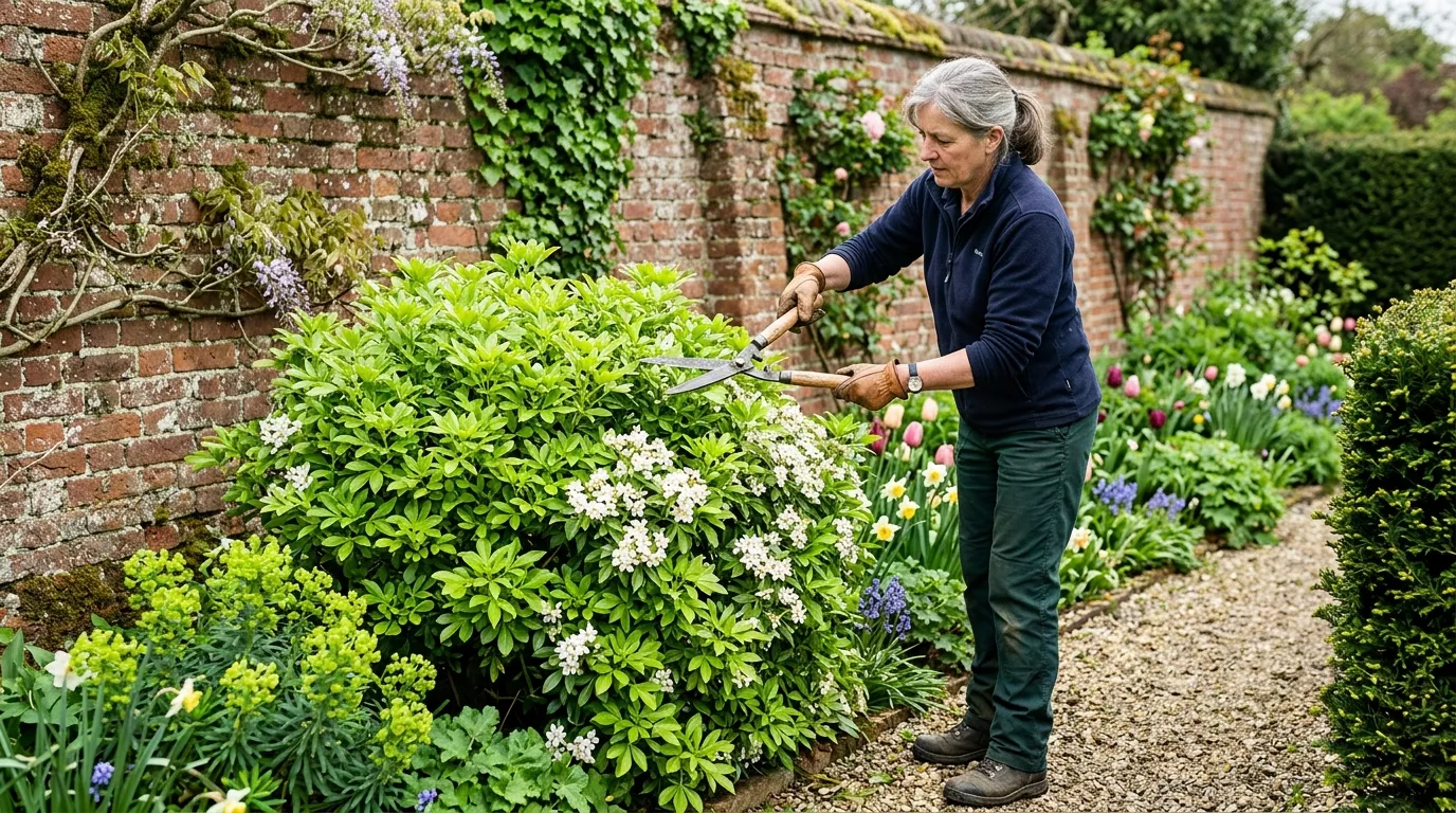 Pruning evergreen shrubs in April in a UK garden