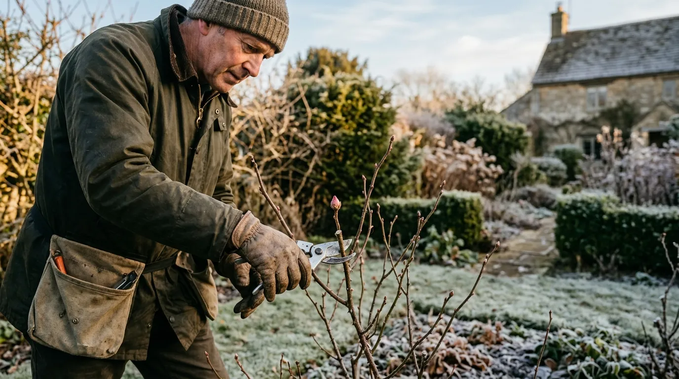 Spring pruning of shrubs and roses in a UK garden with secateurs