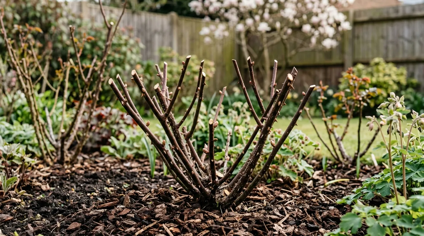 Spring pruning roses in a UK garden border