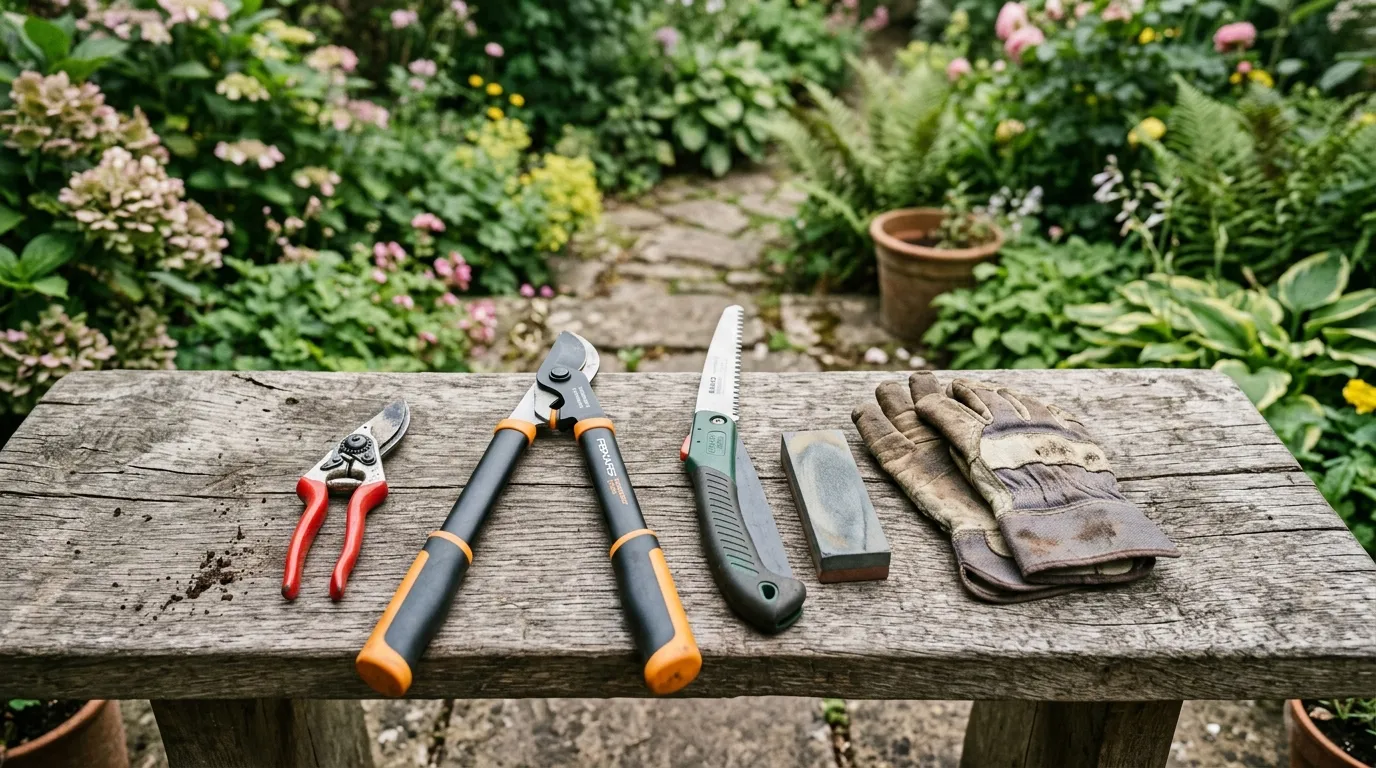 Pruning tools laid out on a garden bench ready for spring pruning