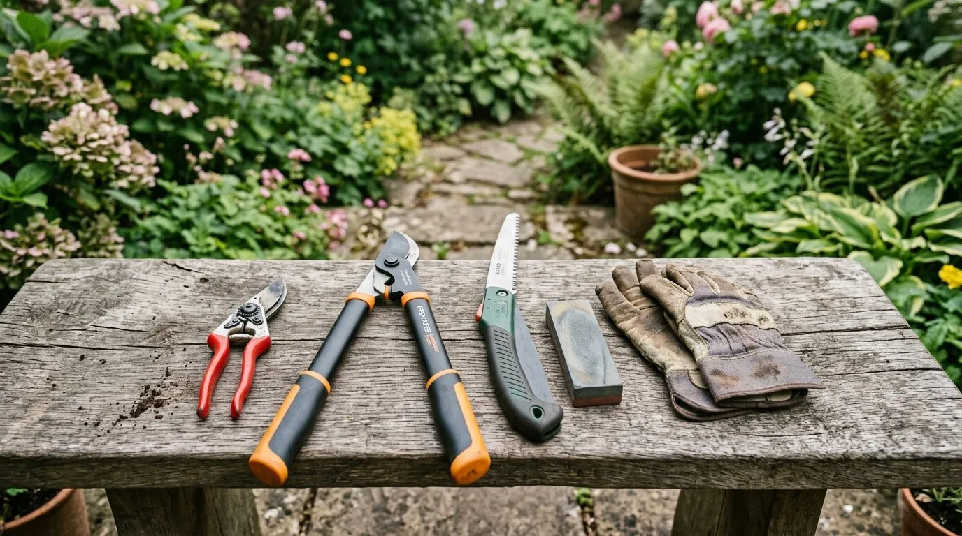 Pruning tools laid out on a garden bench ready for spring pruning