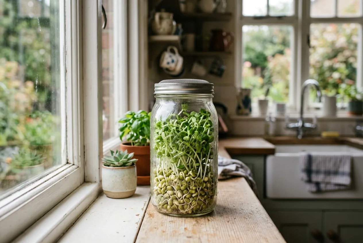 Glass sprouting jar with mung bean sprouts at different growth stages on a UK kitchen windowsill