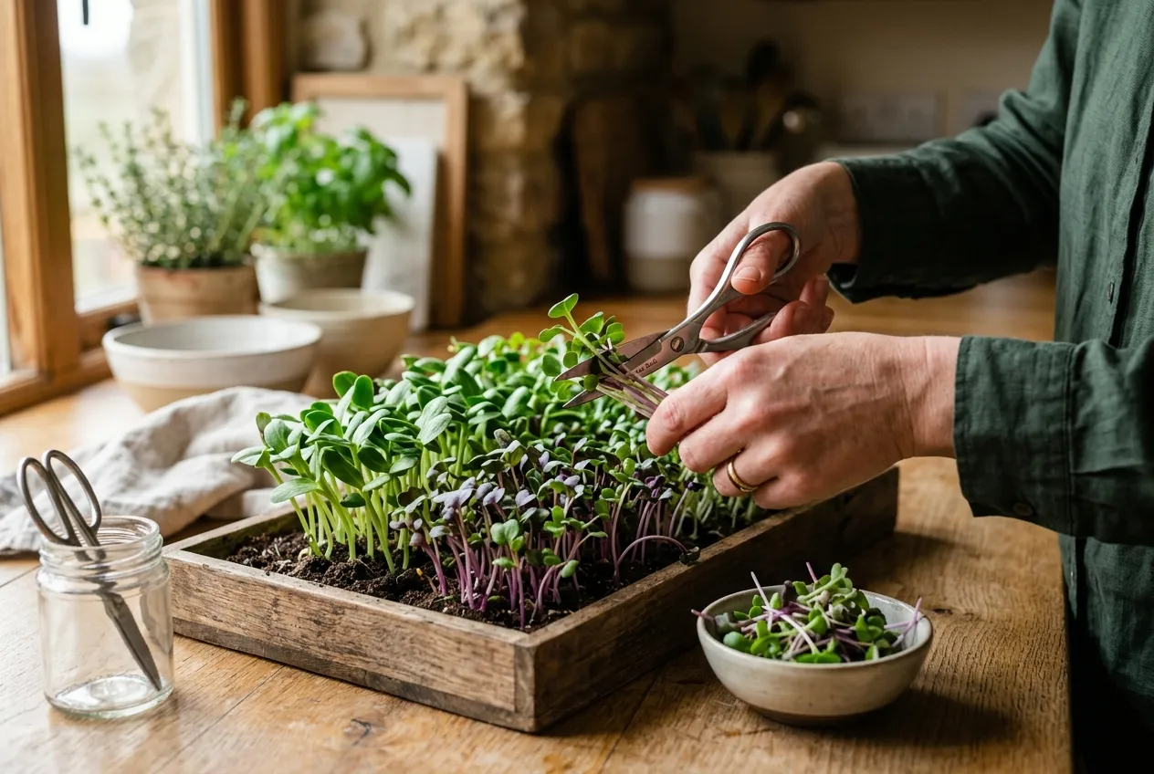 Sunflower shoots and microgreens at harvest stage growing on a UK kitchen windowsill