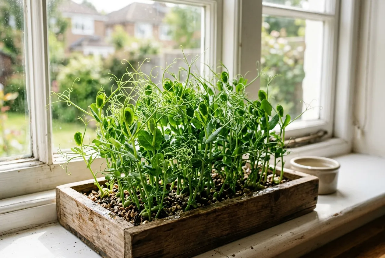 Pea shoots growing in a shallow tray on a bright UK kitchen windowsill