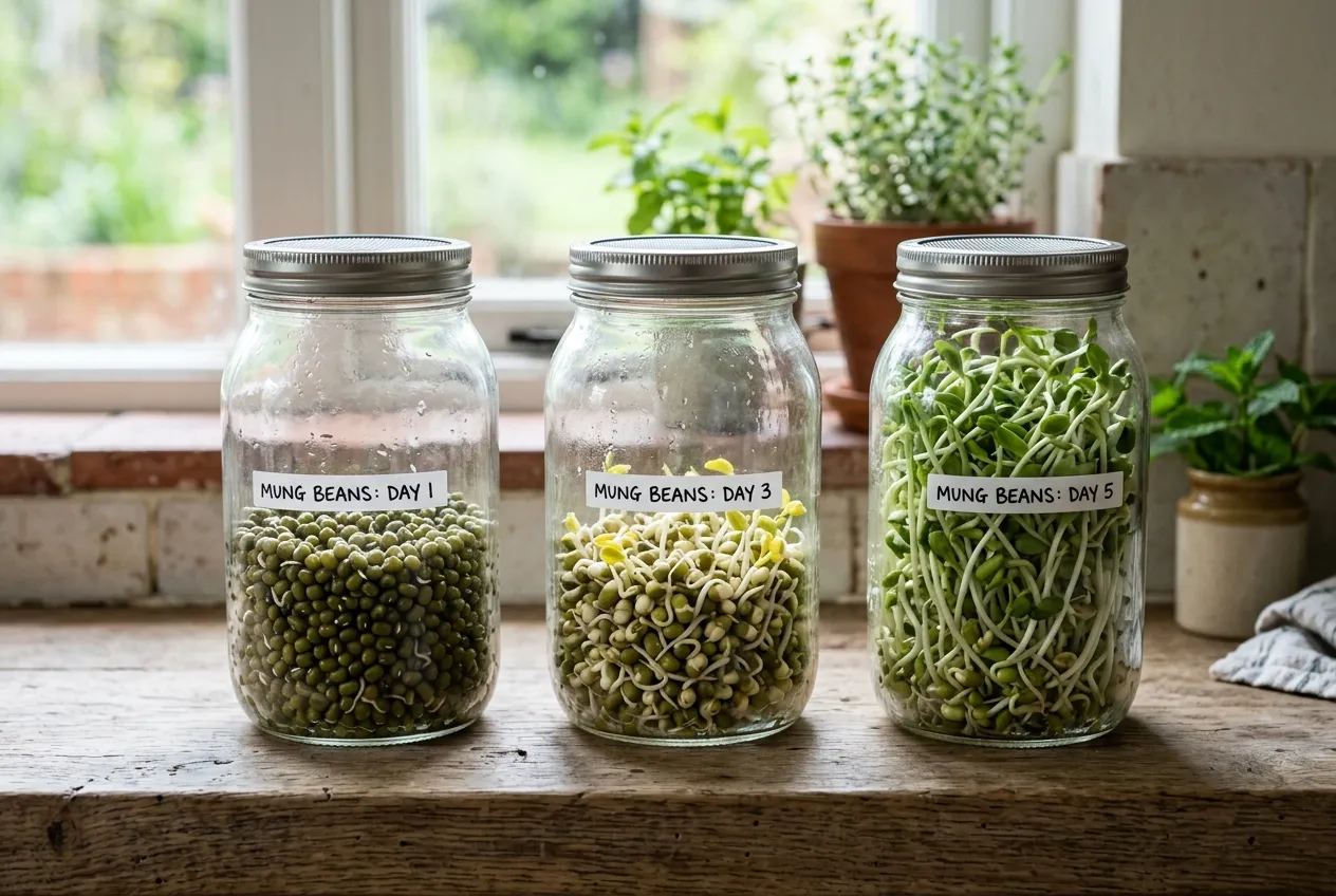 Mung bean sprouts growing in a glass sprouting jar at three days showing white tails in a UK kitchen