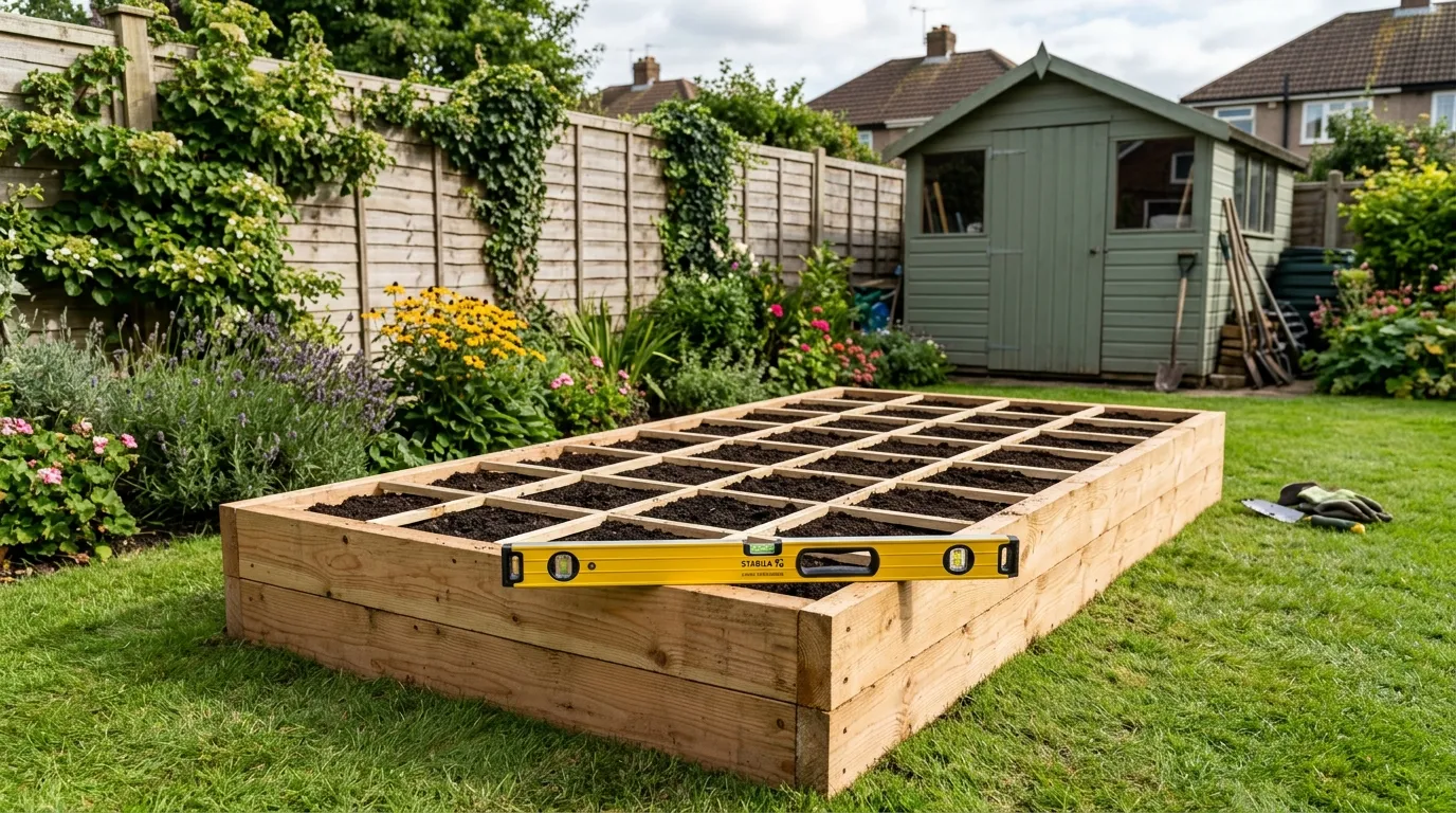 Square foot gardening raised bed built from larch timber in a UK back garden with grid markers