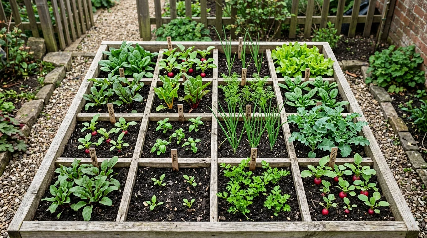 Square foot gardening grid with vegetables planted in precise spacing squares in a UK raised bed