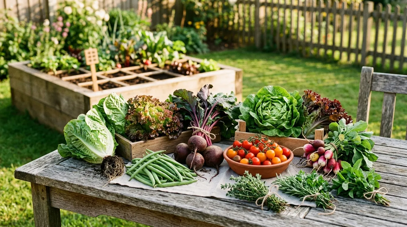 Square foot gardening harvest of lettuce, beetroot, and beans from a UK raised bed