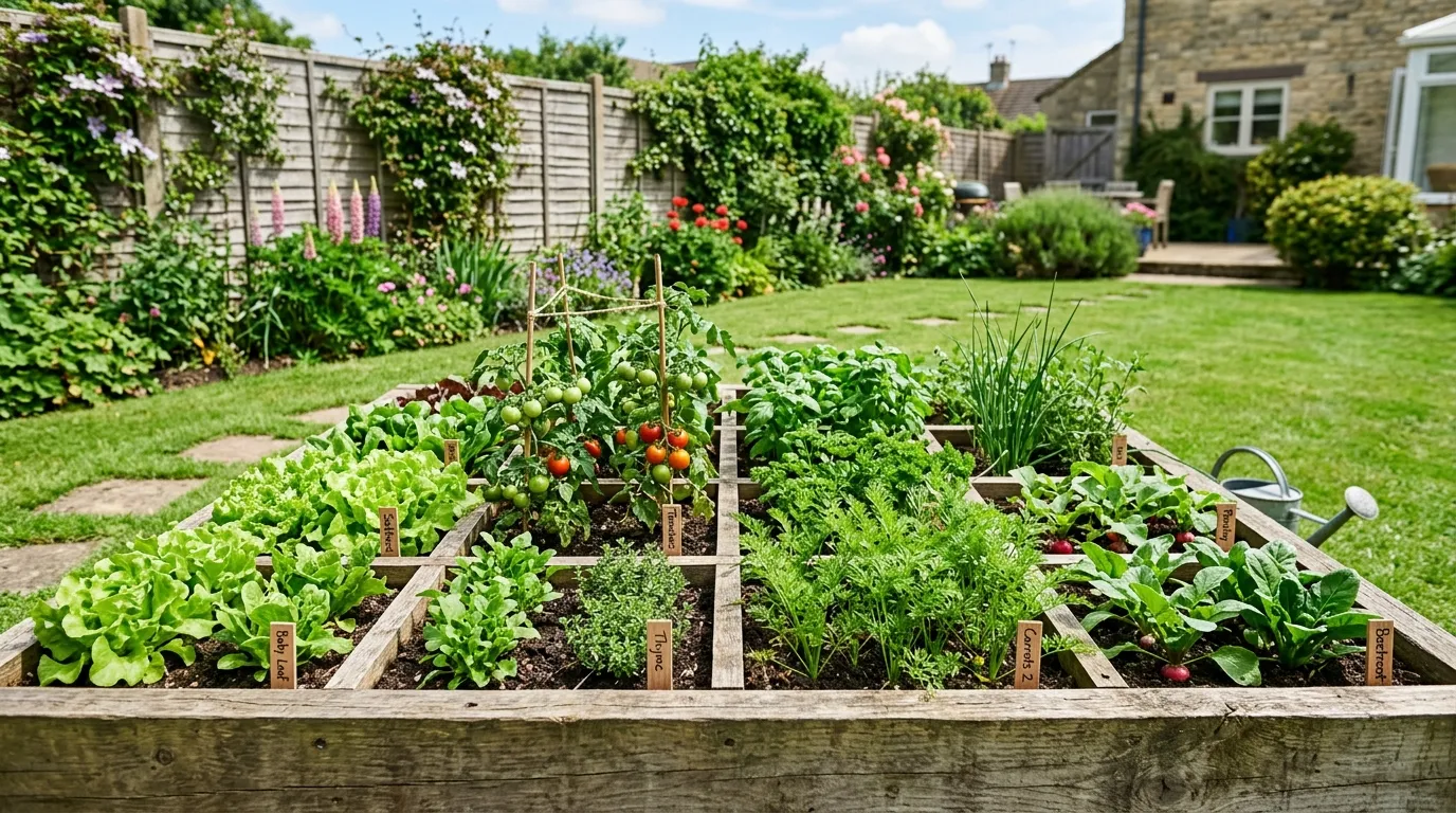 Square foot gardening grid planted with vegetables in a UK back garden