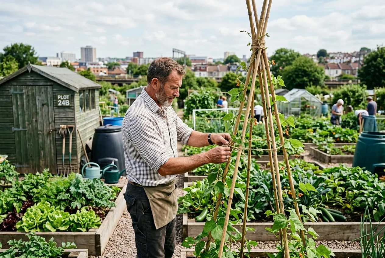 Staking garden plants with a bamboo wigwam supporting climbing beans on a UK city allotment