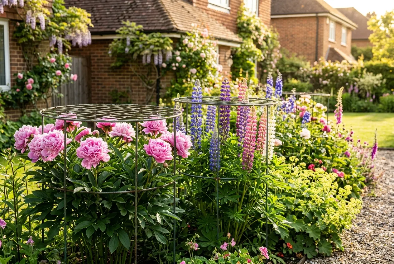 Staking garden plants with metal grow-through ring supports holding up peonies in a suburban UK herbaceous border