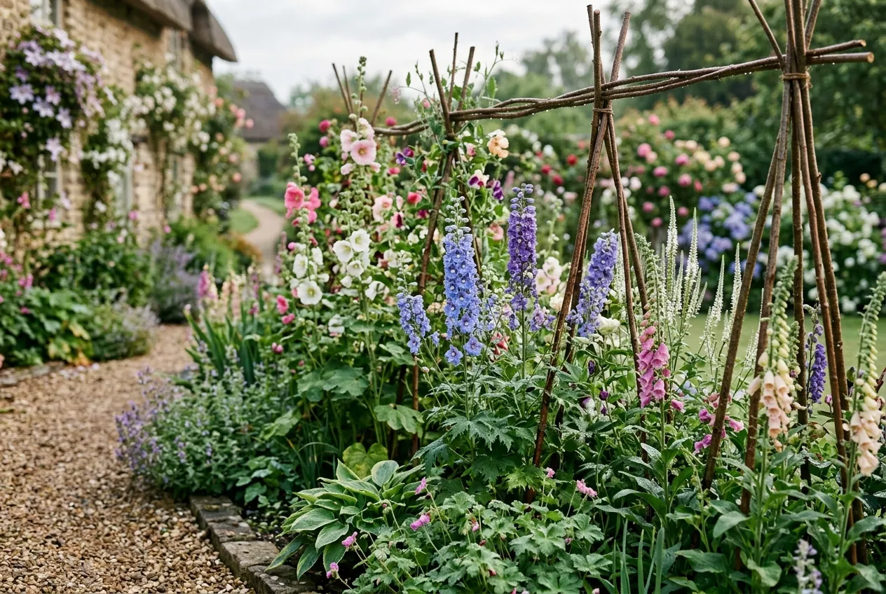 Staking garden plants with hazel pea sticks supporting perennials in an English country garden border