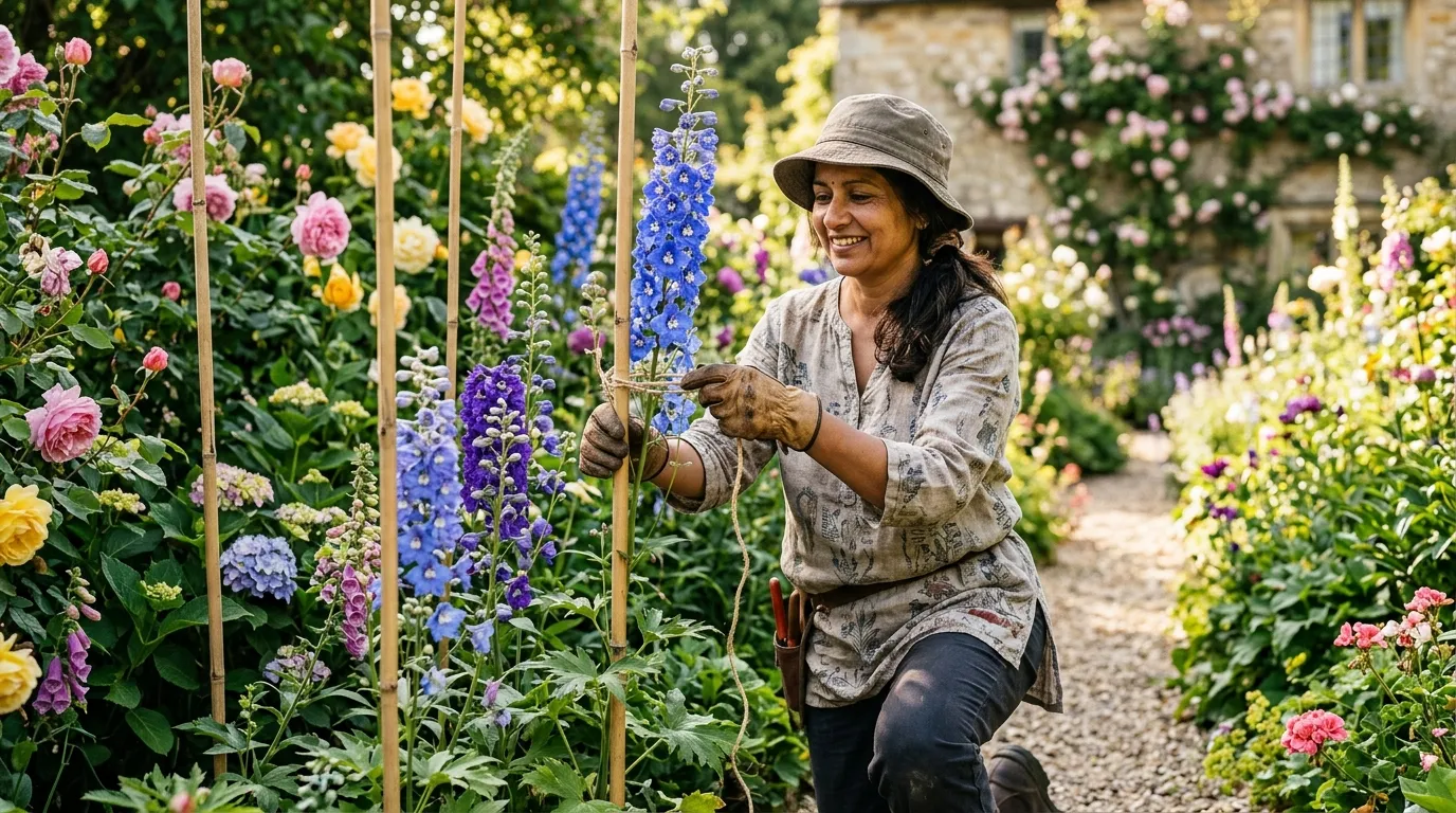 Staking and supporting garden plants with bamboo canes in a sunny UK cottage garden border