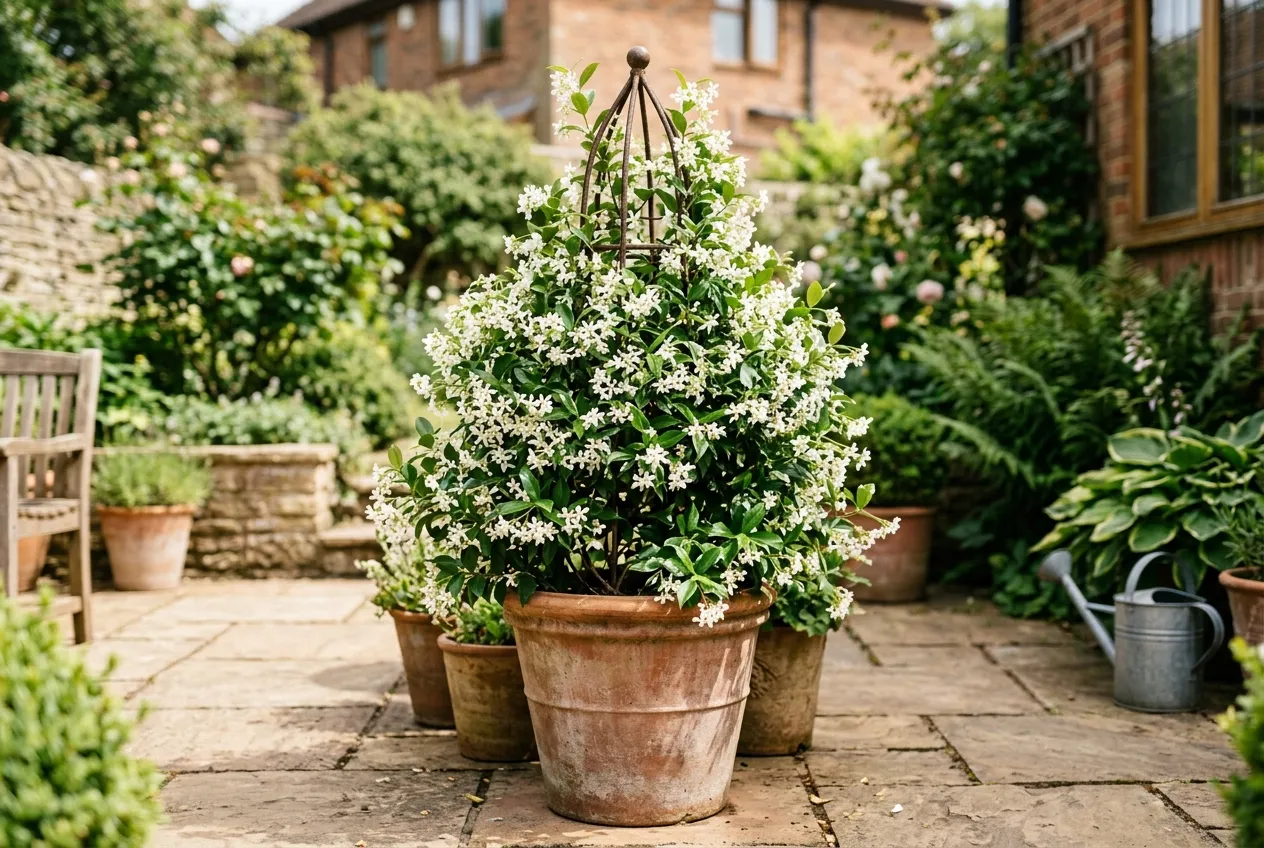 Star jasmine growing in a large terracotta container on a sunny UK patio with obelisk trellis