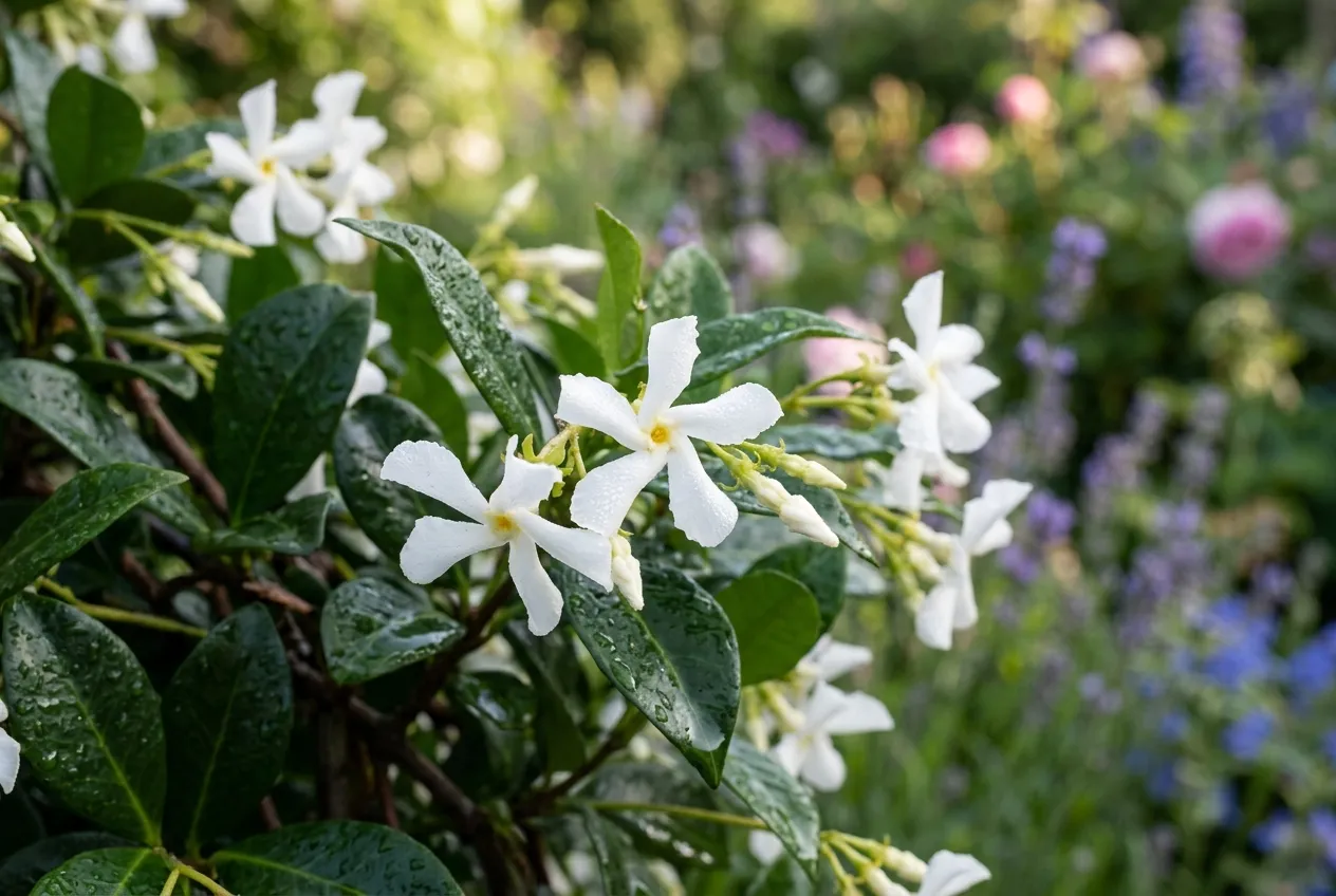 Close-up of star jasmine white pinwheel flowers against dark glossy evergreen foliage