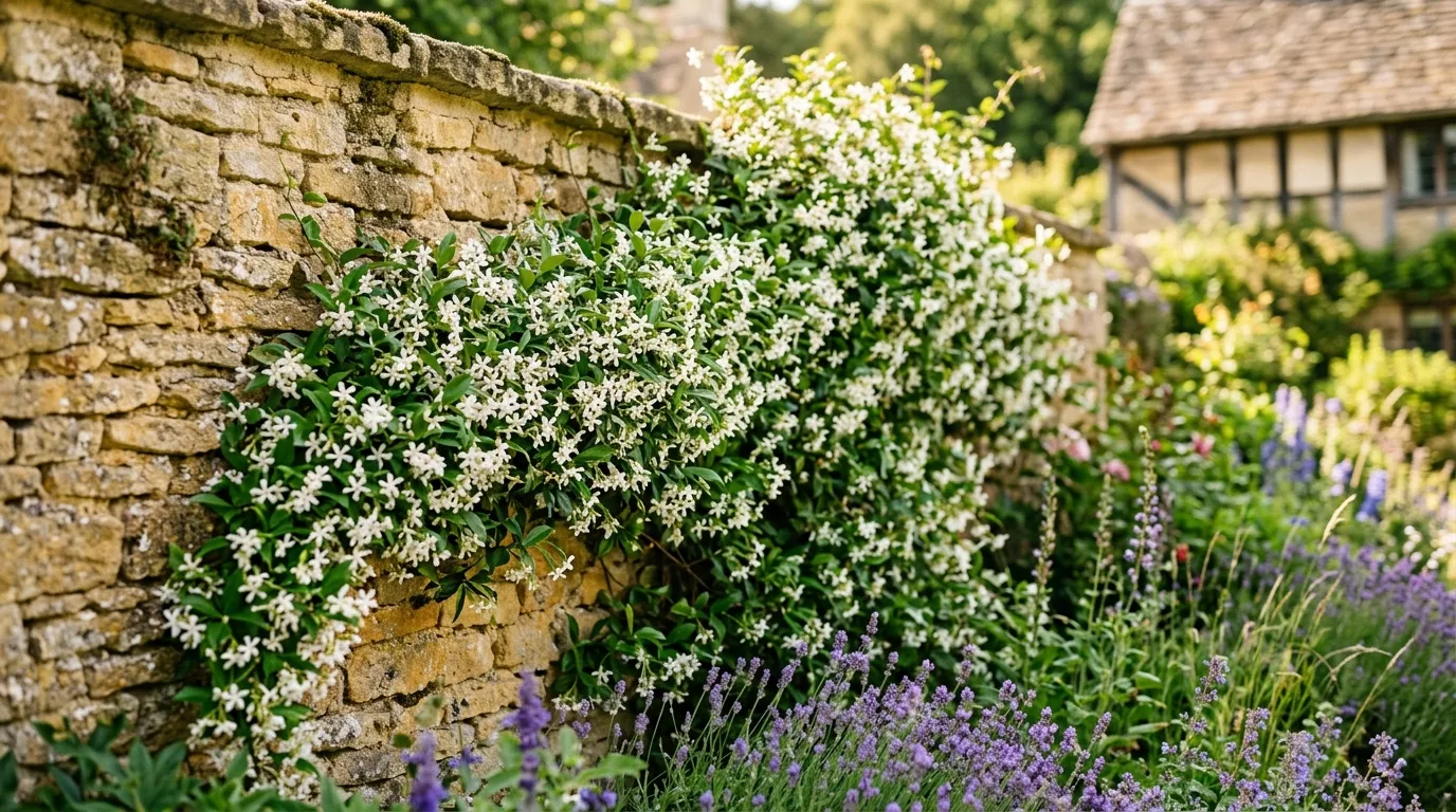 Star jasmine in full bloom climbing a warm stone wall in a sunny UK cottage garden