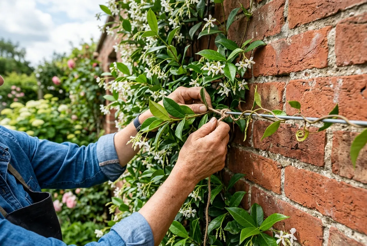 Star jasmine being trained along wires on a south-facing brick wall in a UK garden